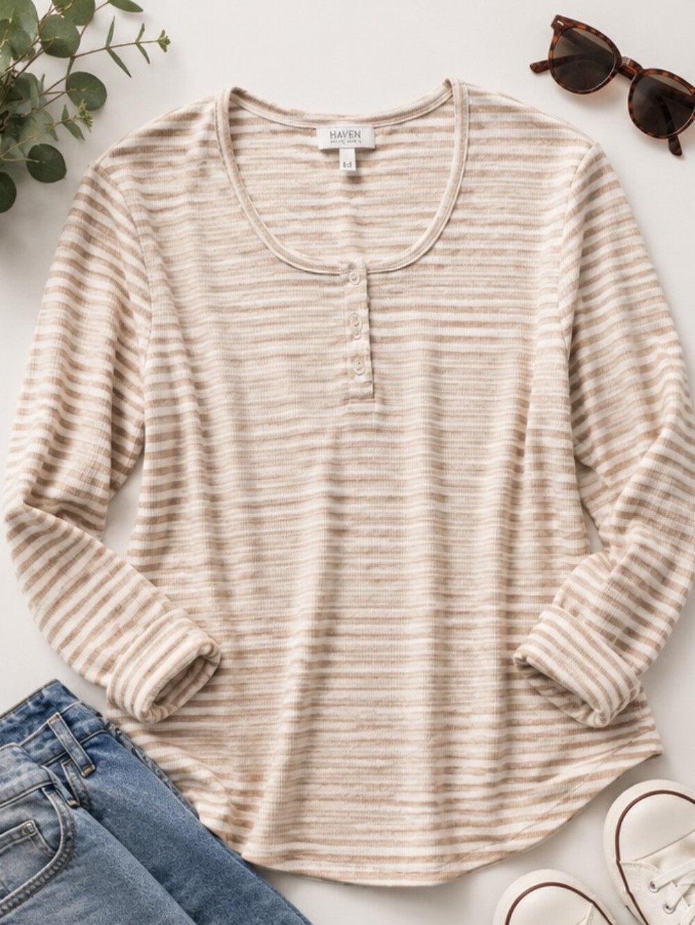 Haven Well Within White and Tan Ribbed Long Sleeve T-Shirt